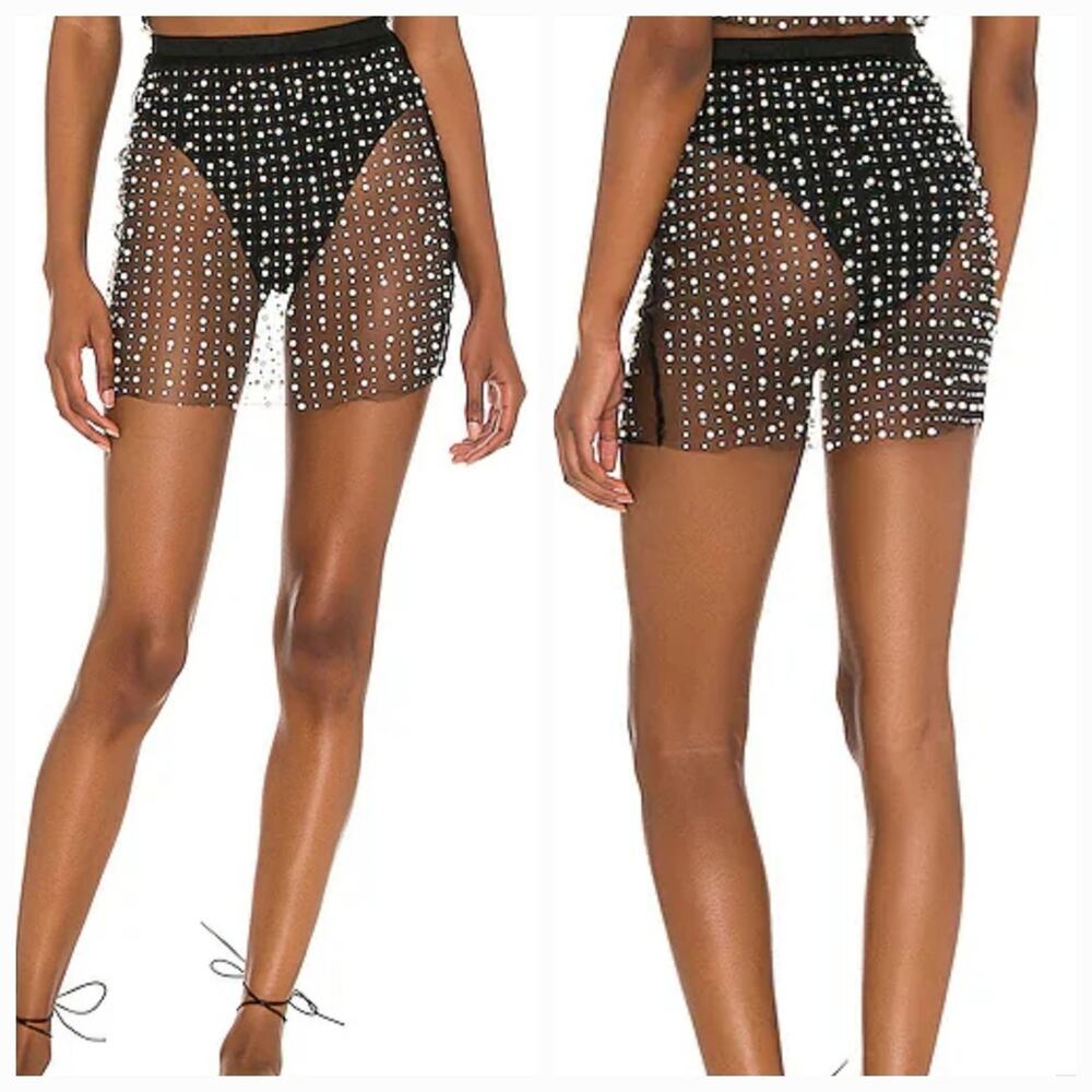 Beach Bunny Glitzy Girl Mesh Pearl Skirt in Black Small